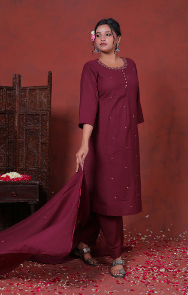 Zarqa wine Cotton Suit Set