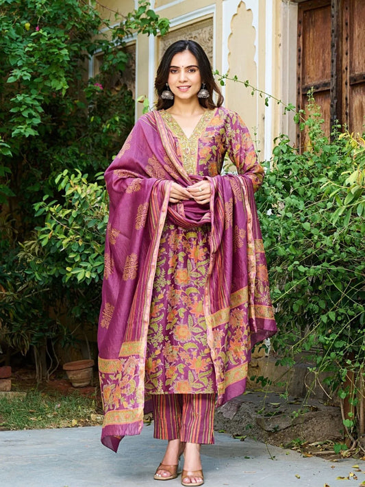 Floral Chanderi Suit Set For Women