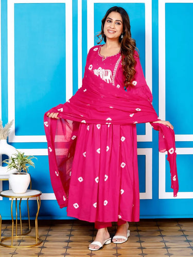 Bandhani Print Frock Suit - Hot Pink