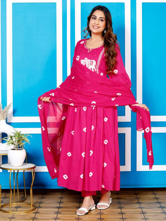 Bandhani Print Frock Suit - Hot Pink