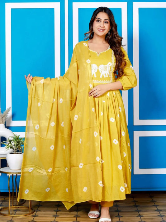 Bandhani Print Embroidered Yellow Suit Set
