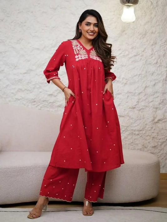 Pure Jute Cotton Fabric with Hand Embroidery Red