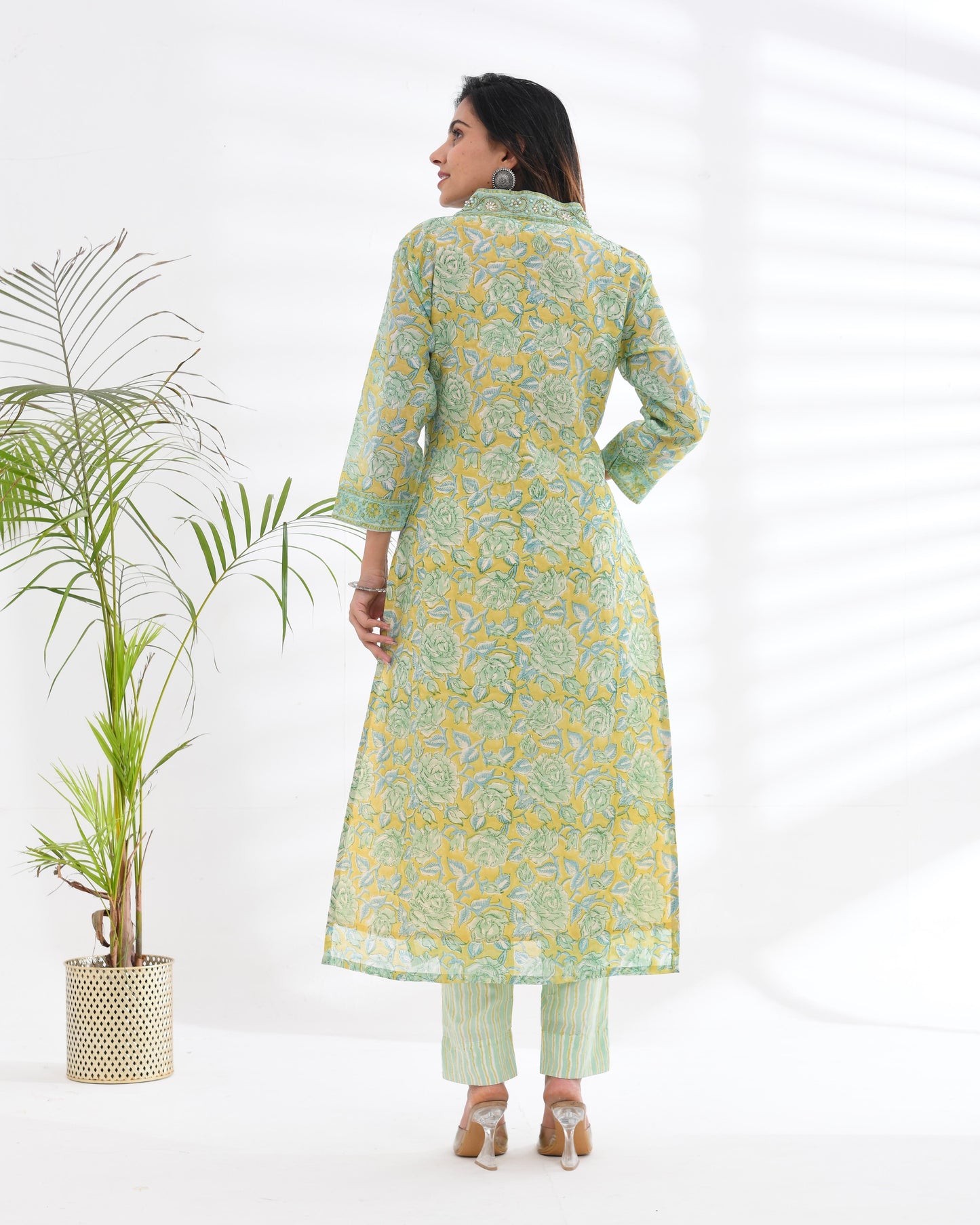 Chanderi Silk Lime Green Embroidered Suit Set
