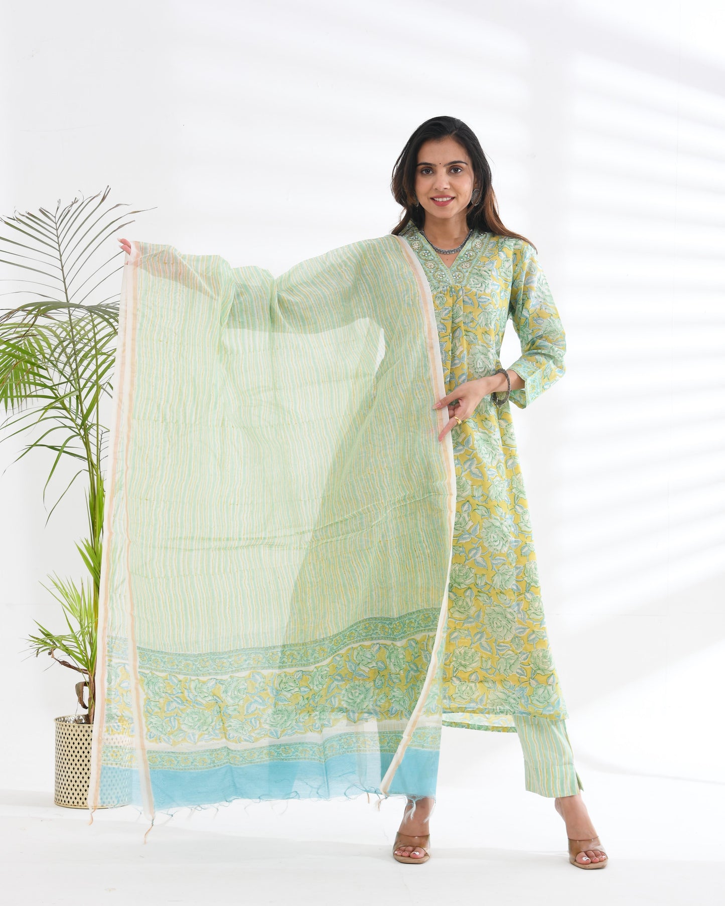 Chanderi Silk Lime Green Embroidered Suit Set
