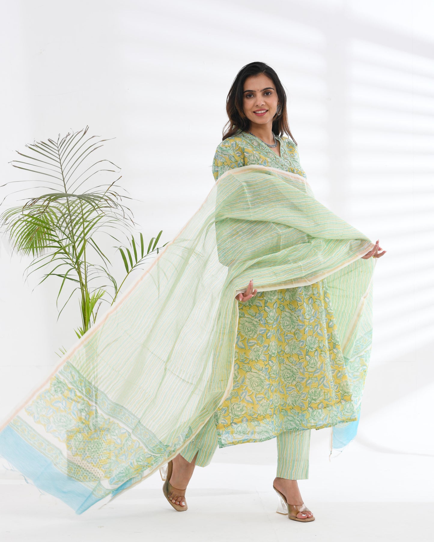 Chanderi Silk Lime Green Embroidered Suit Set