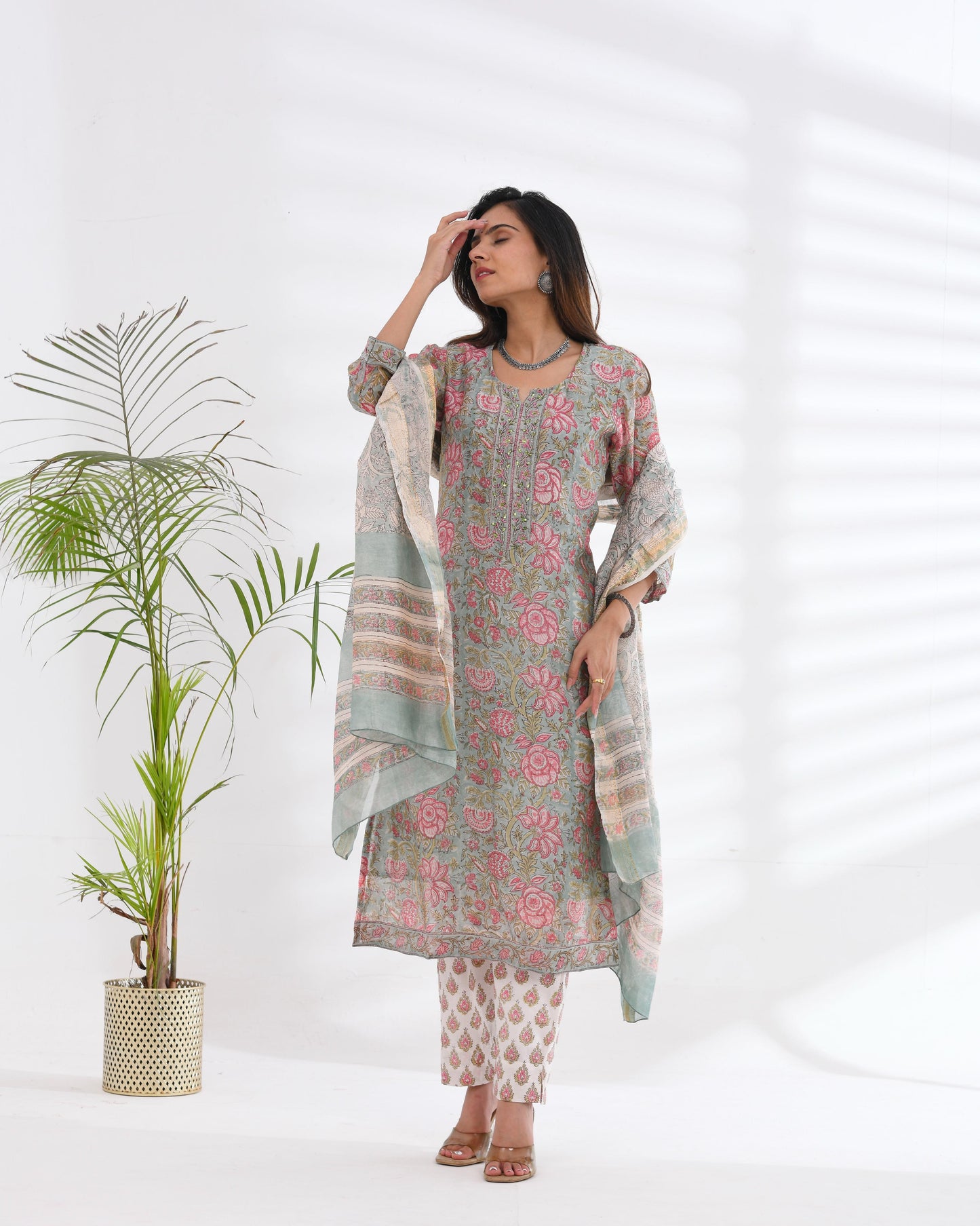 Chanderi Silk Green And Pink Embroidered Suit Set