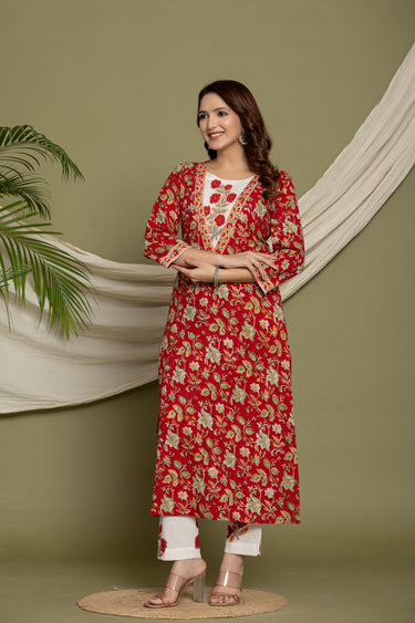 Red Cotton Kurta Suit Set