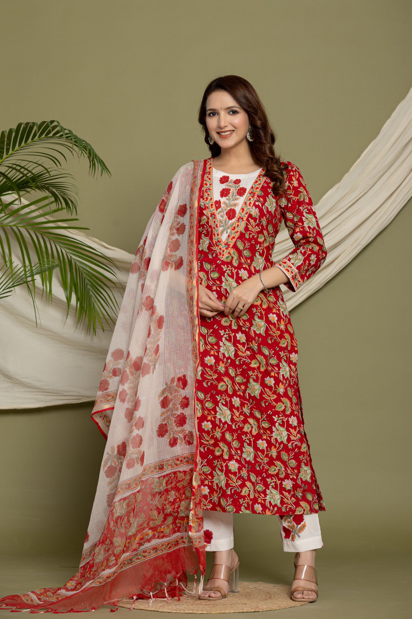 Red Cotton Kurta Suit Set