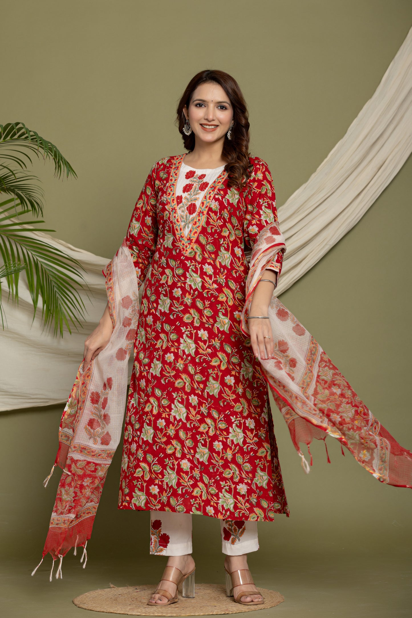 Red Cotton Kurta Suit Set