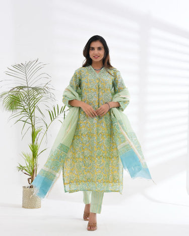 Chanderi Silk Lime Green Embroidered Suit Set