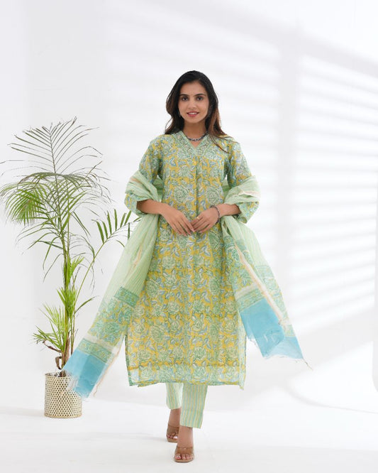 Chanderi Silk Lime Green Embroidered Suit Set