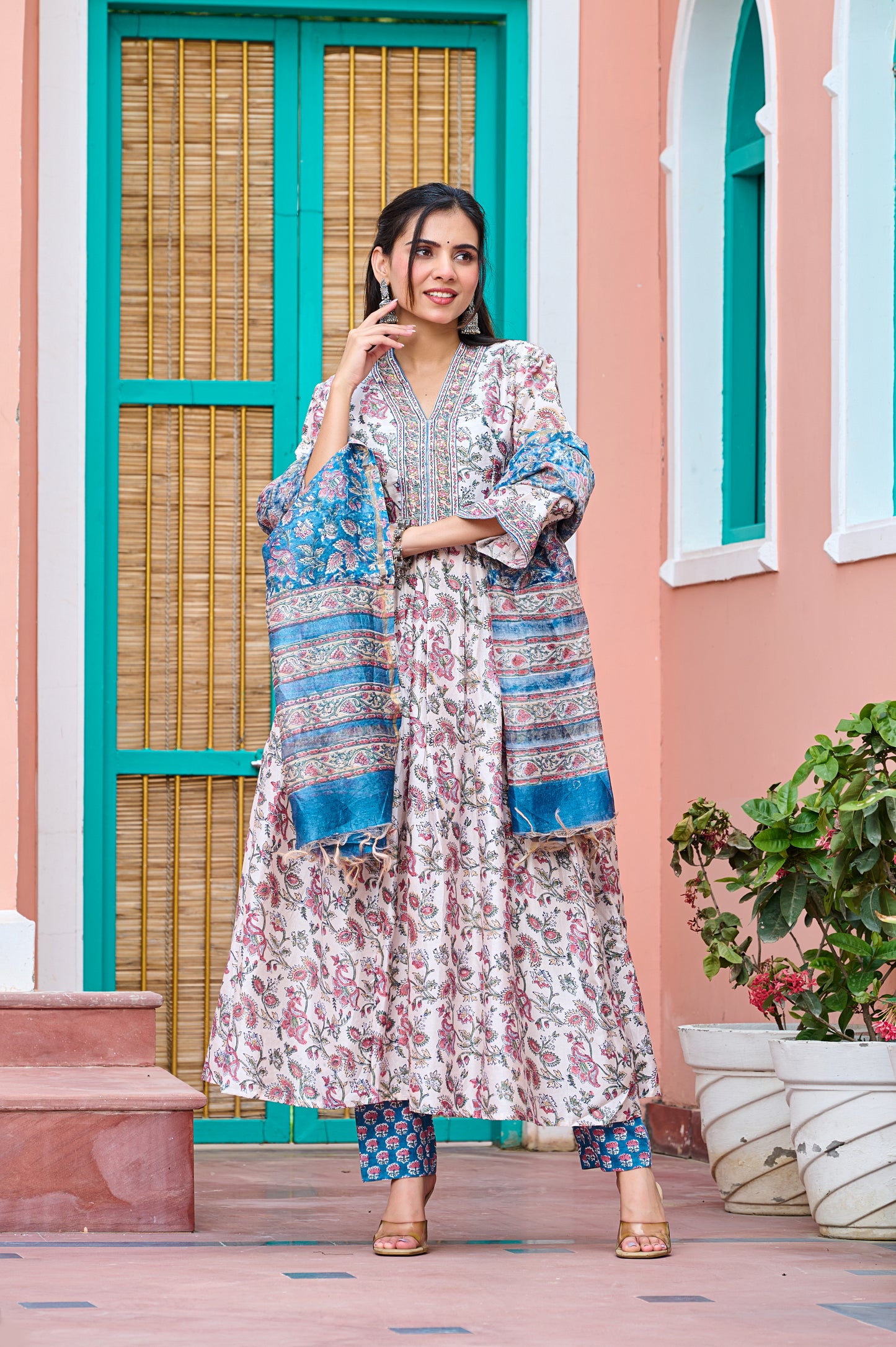CHANDERI SILK - HANDBLOCK PRINT EMBROIDERED ANARKALI SUIT SET