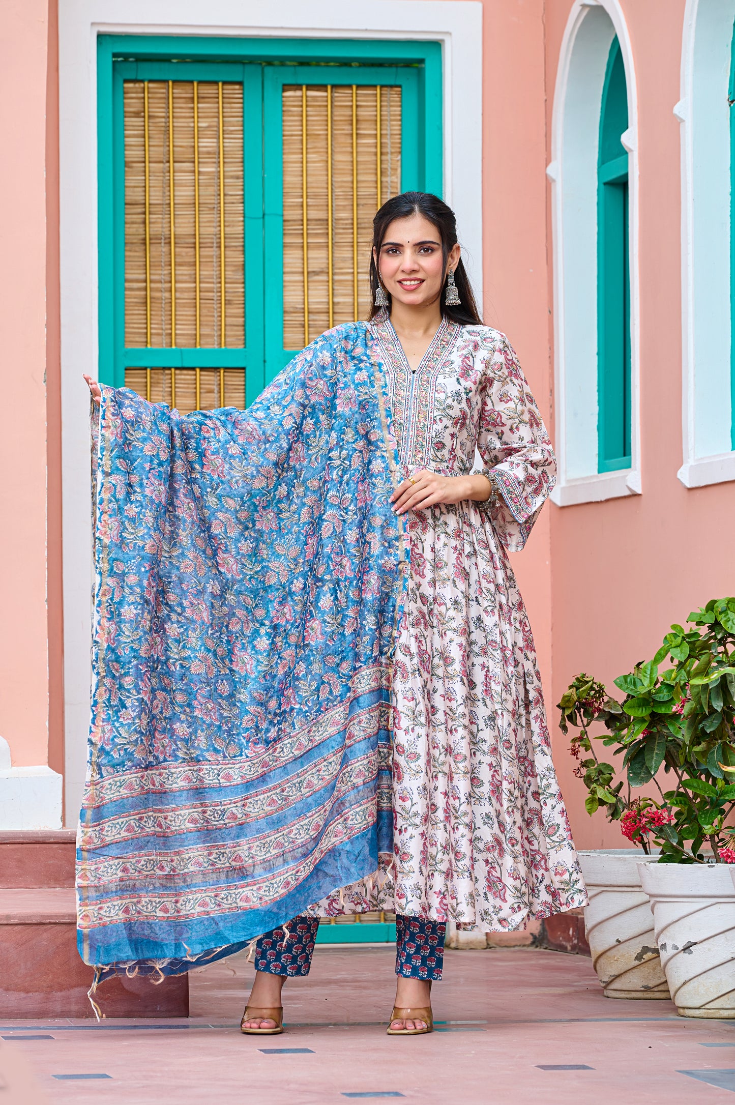 CHANDERI SILK - HANDBLOCK PRINT EMBROIDERED ANARKALI SUIT SET