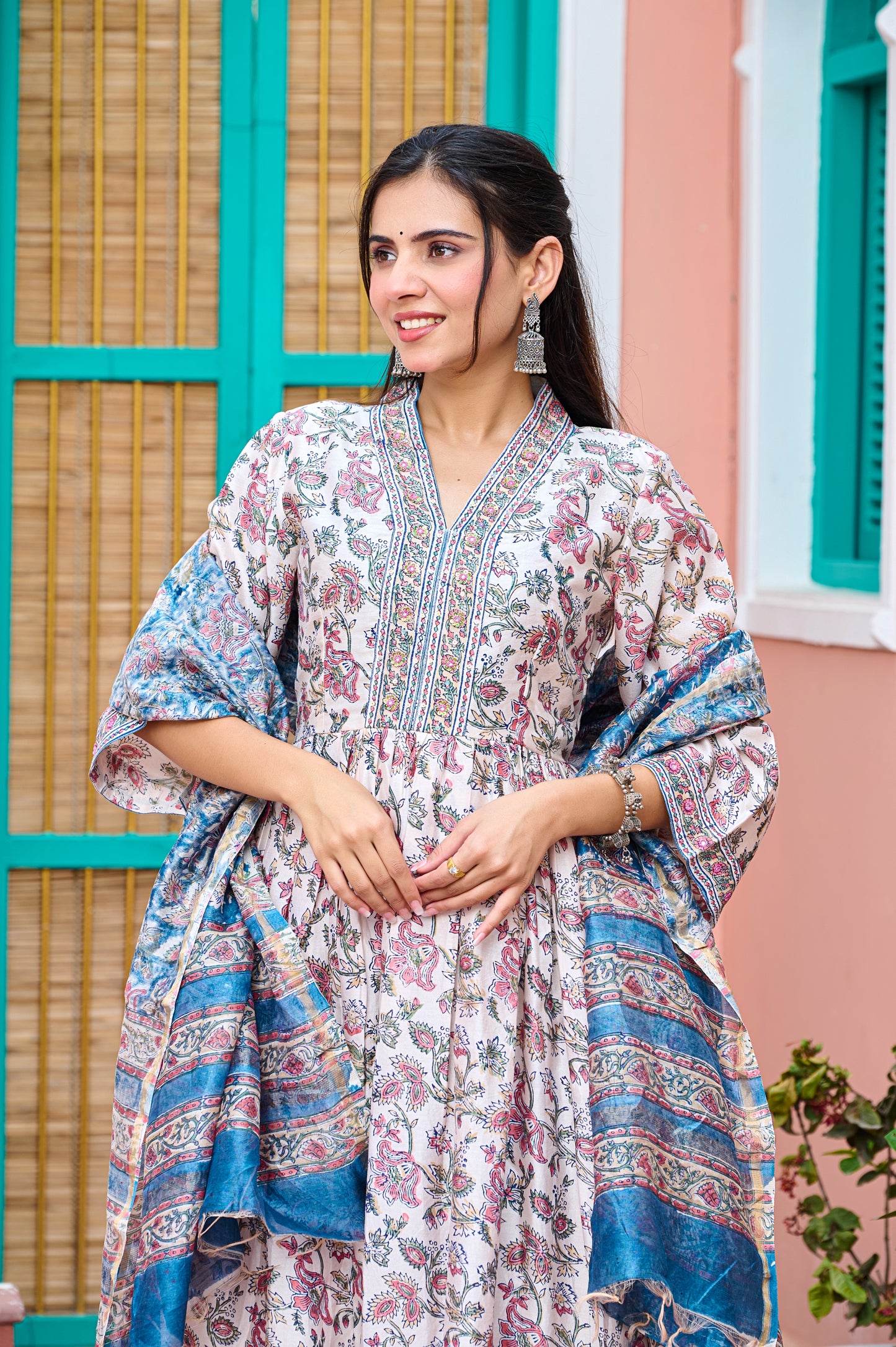 CHANDERI SILK - HANDBLOCK PRINT EMBROIDERED ANARKALI SUIT SET