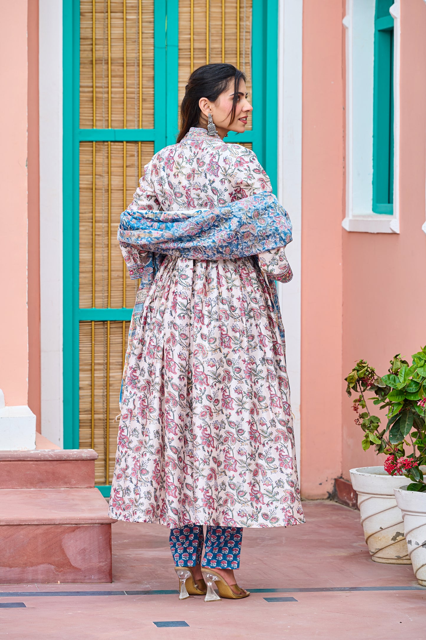 CHANDERI SILK - HANDBLOCK PRINT EMBROIDERED ANARKALI SUIT SET