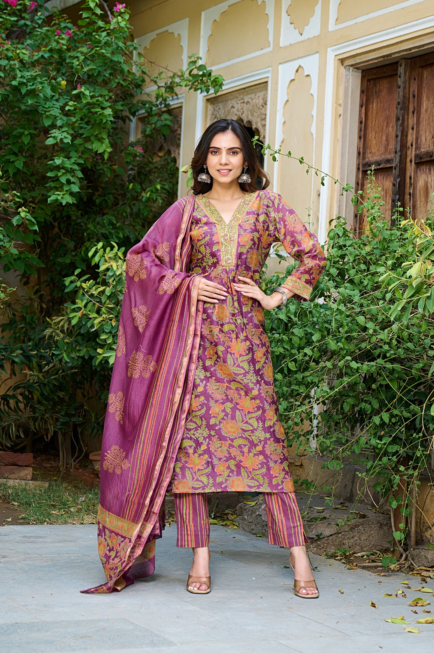 Floral Chanderi Suit Set For Women