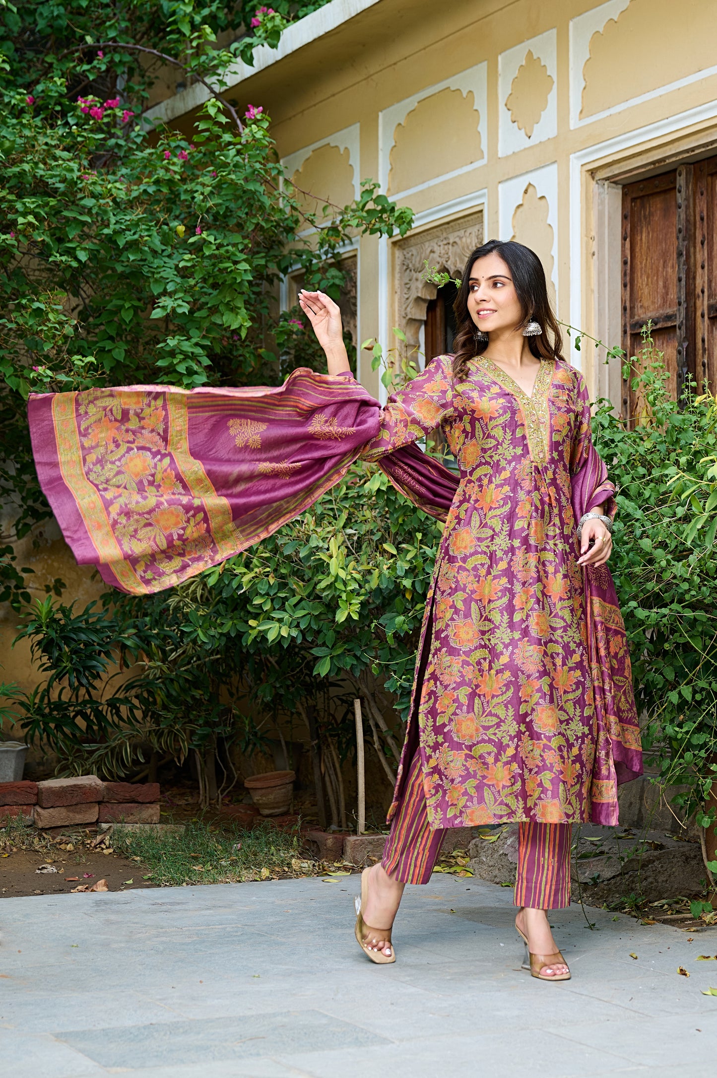 Floral Chanderi Suit Set For Women