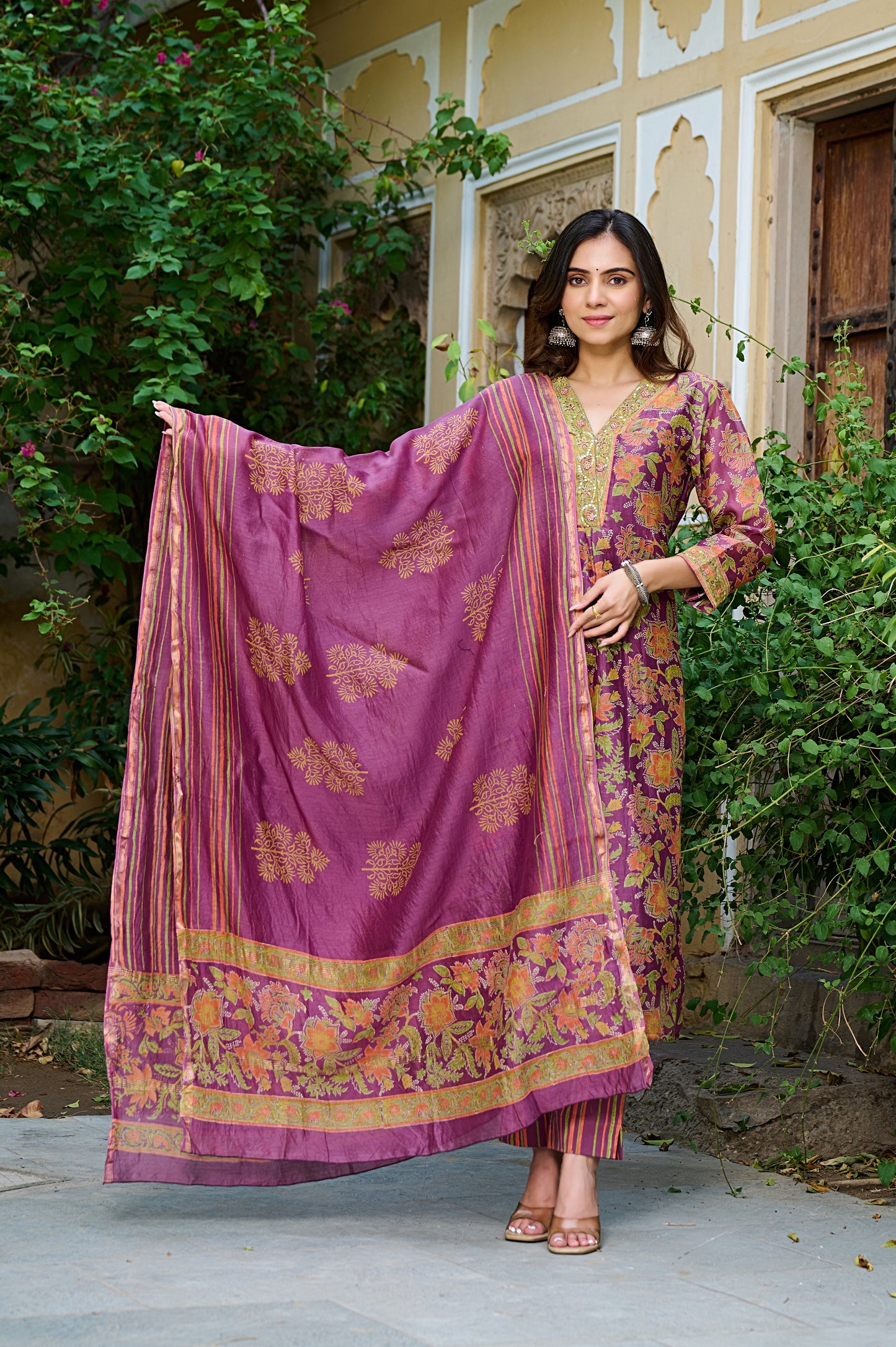 Floral Chanderi Suit Set For Women