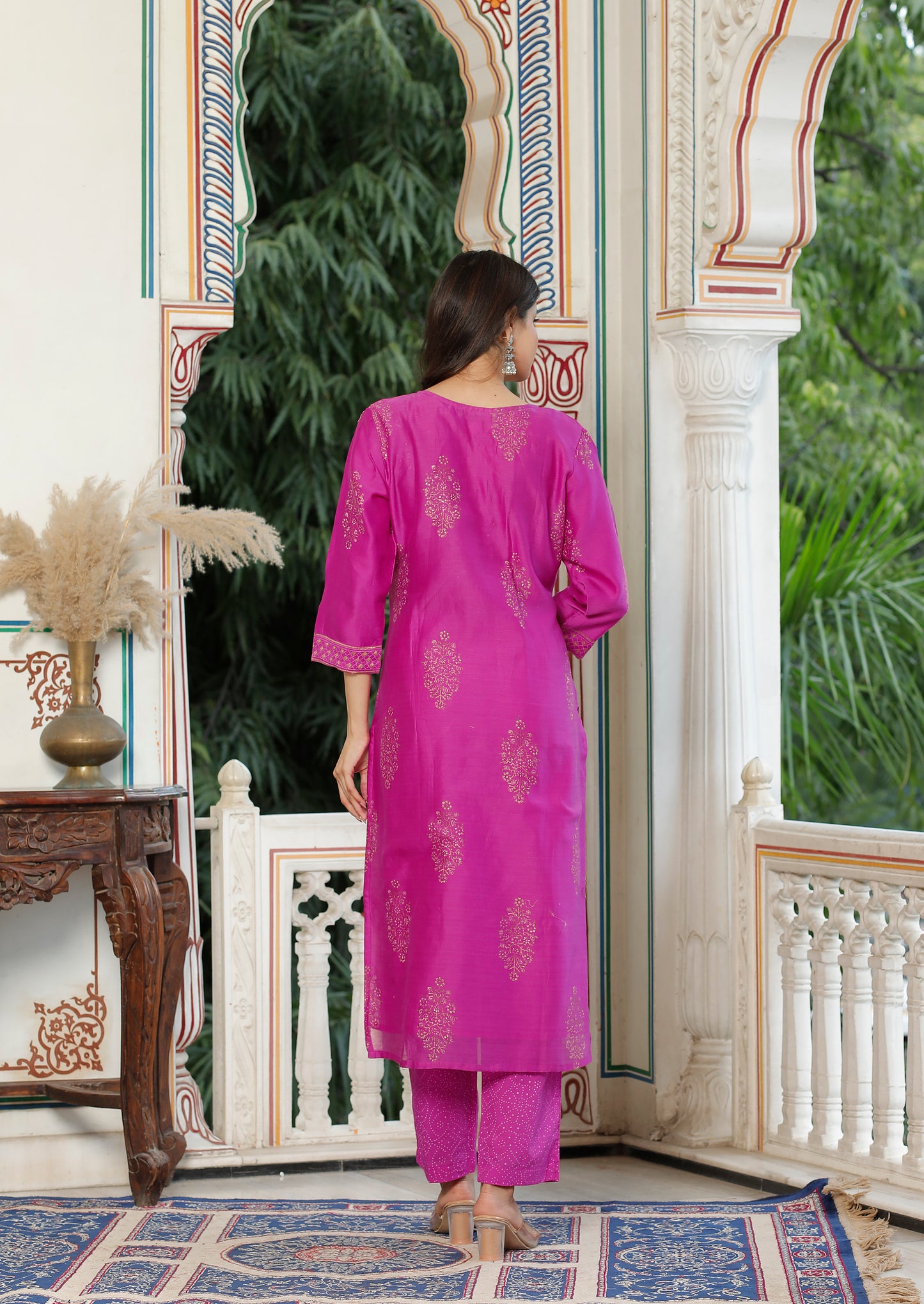 Royal Fuchsia Radiance – Pure Chanderi Silk Handcrafted 3-Piece Suit Set - An Ode to Timeless Indian Grandeur.