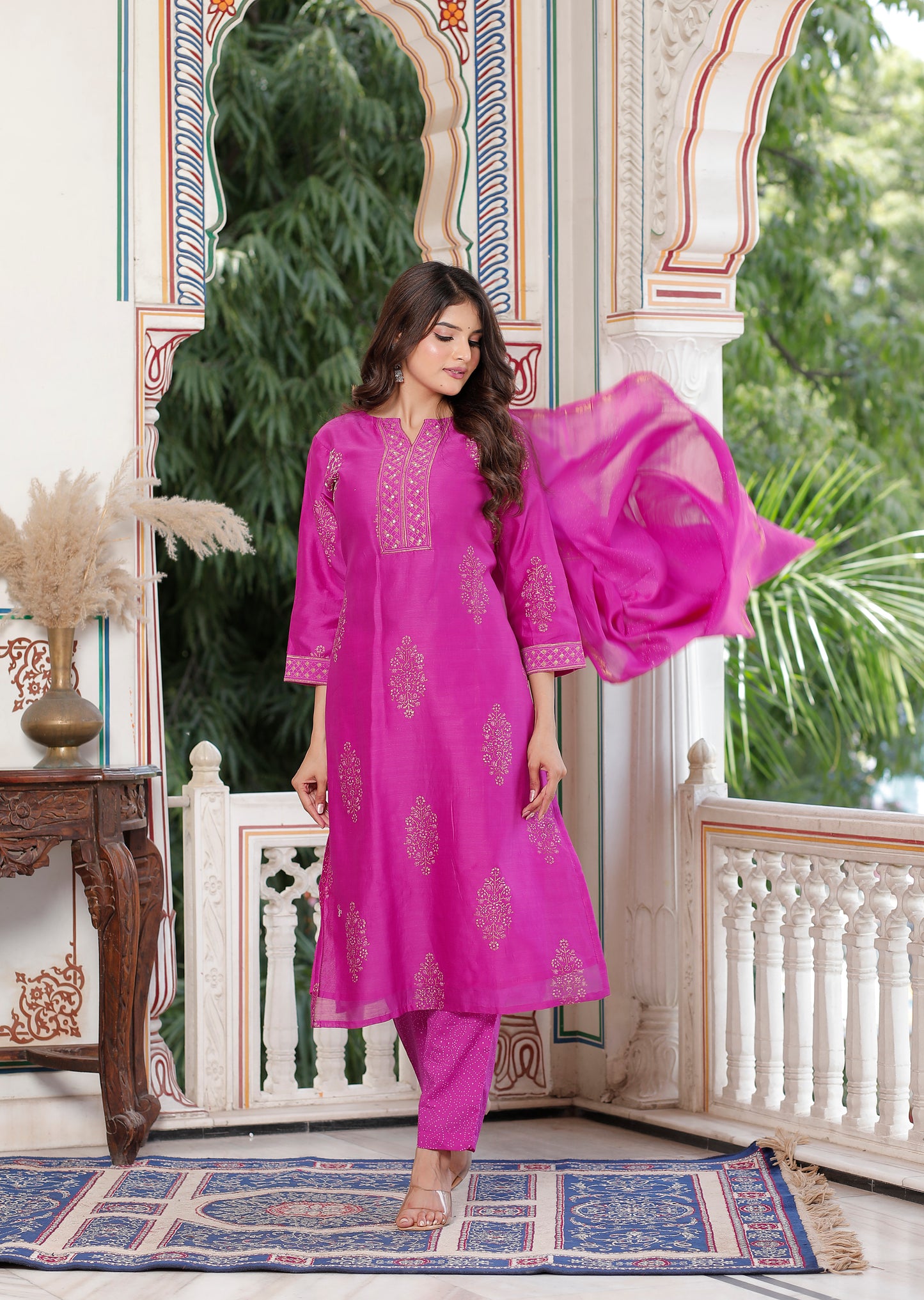 Royal Fuchsia Radiance – Pure Chanderi Silk Handcrafted 3-Piece Suit Set - An Ode to Timeless Indian Grandeur.