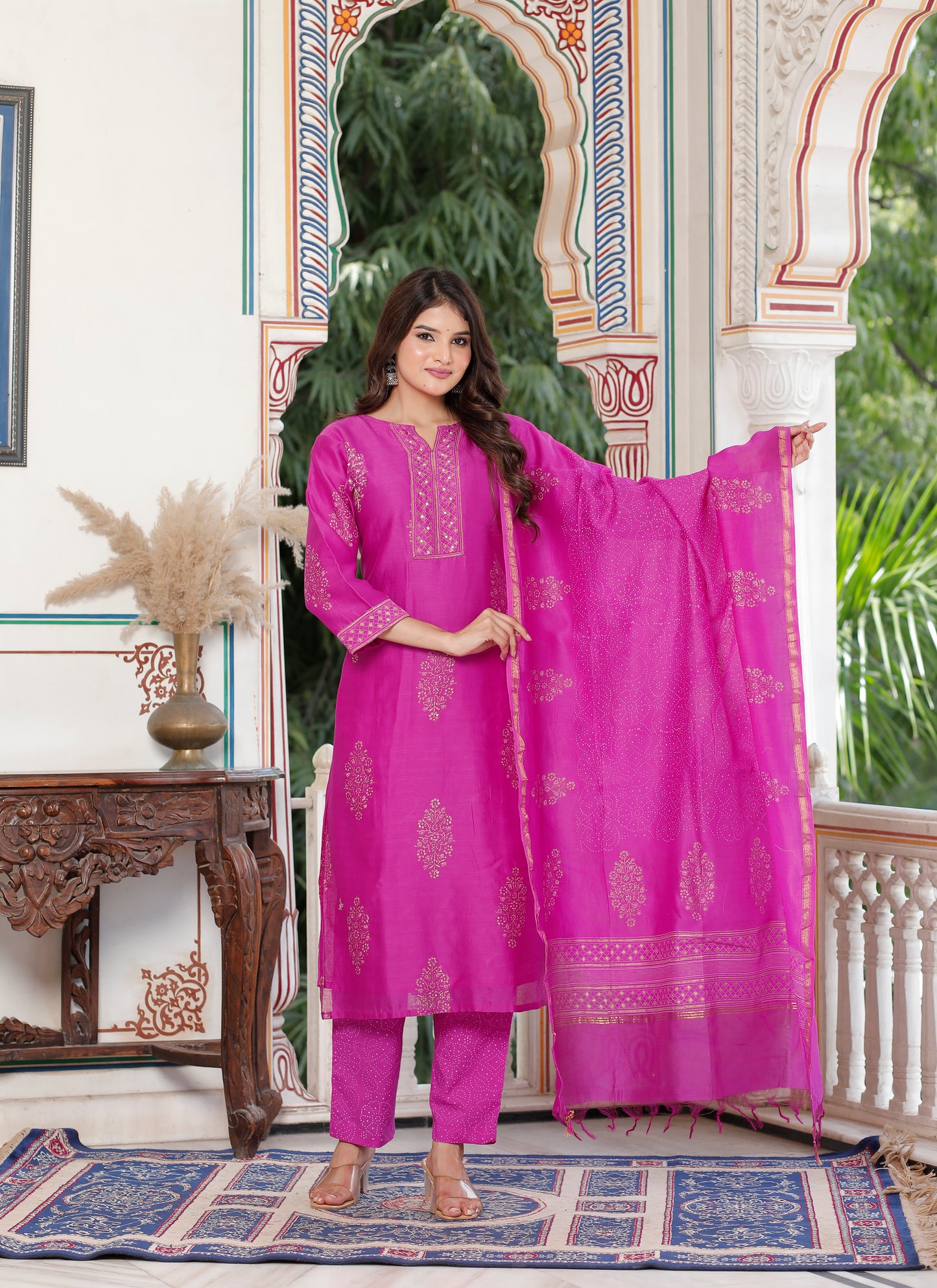 Royal Fuchsia Radiance – Pure Chanderi Silk Handcrafted 3-Piece Suit Set - An Ode to Timeless Indian Grandeur.
