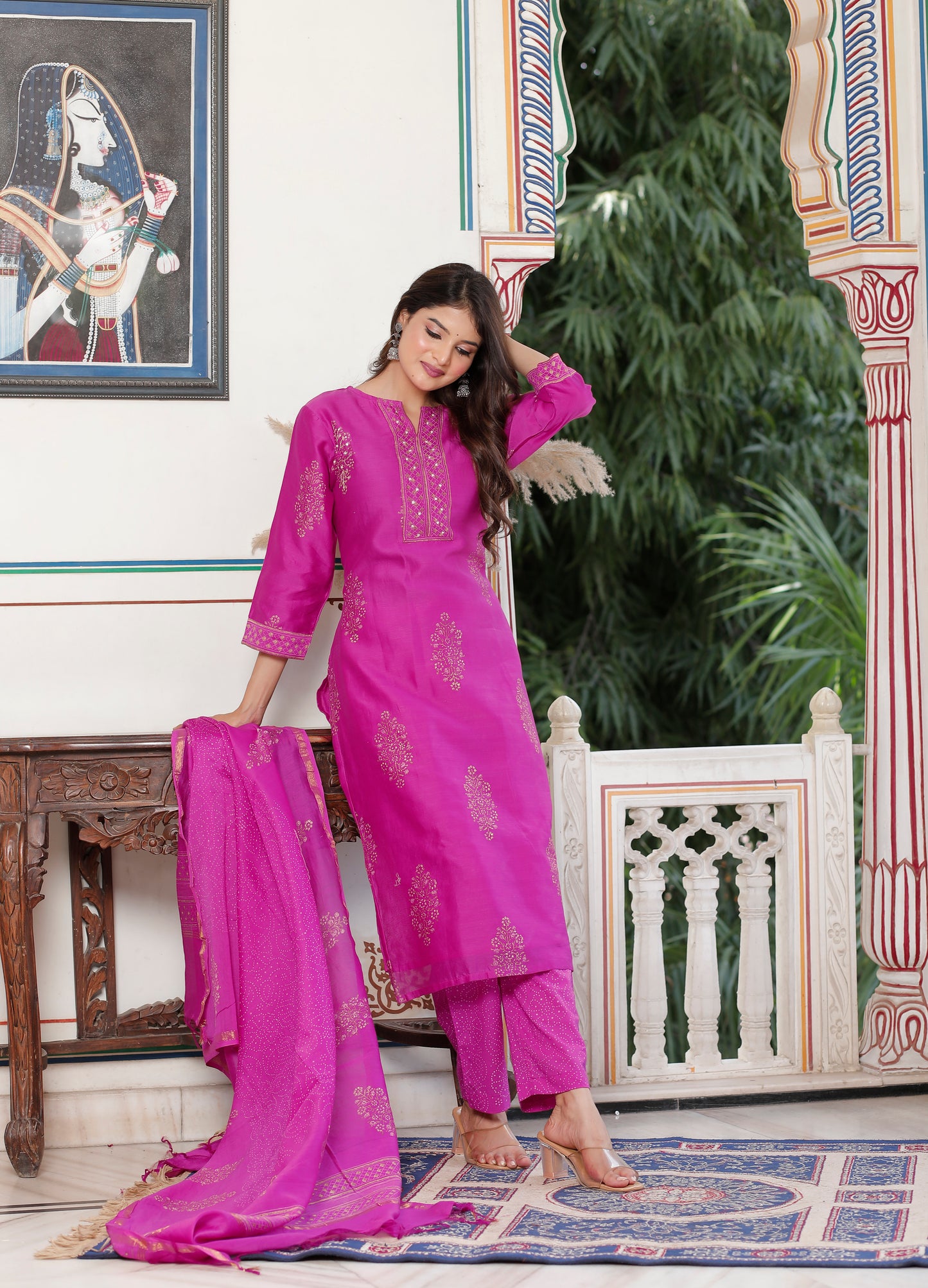 Royal Fuchsia Radiance – Pure Chanderi Silk Handcrafted 3-Piece Suit Set - An Ode to Timeless Indian Grandeur.