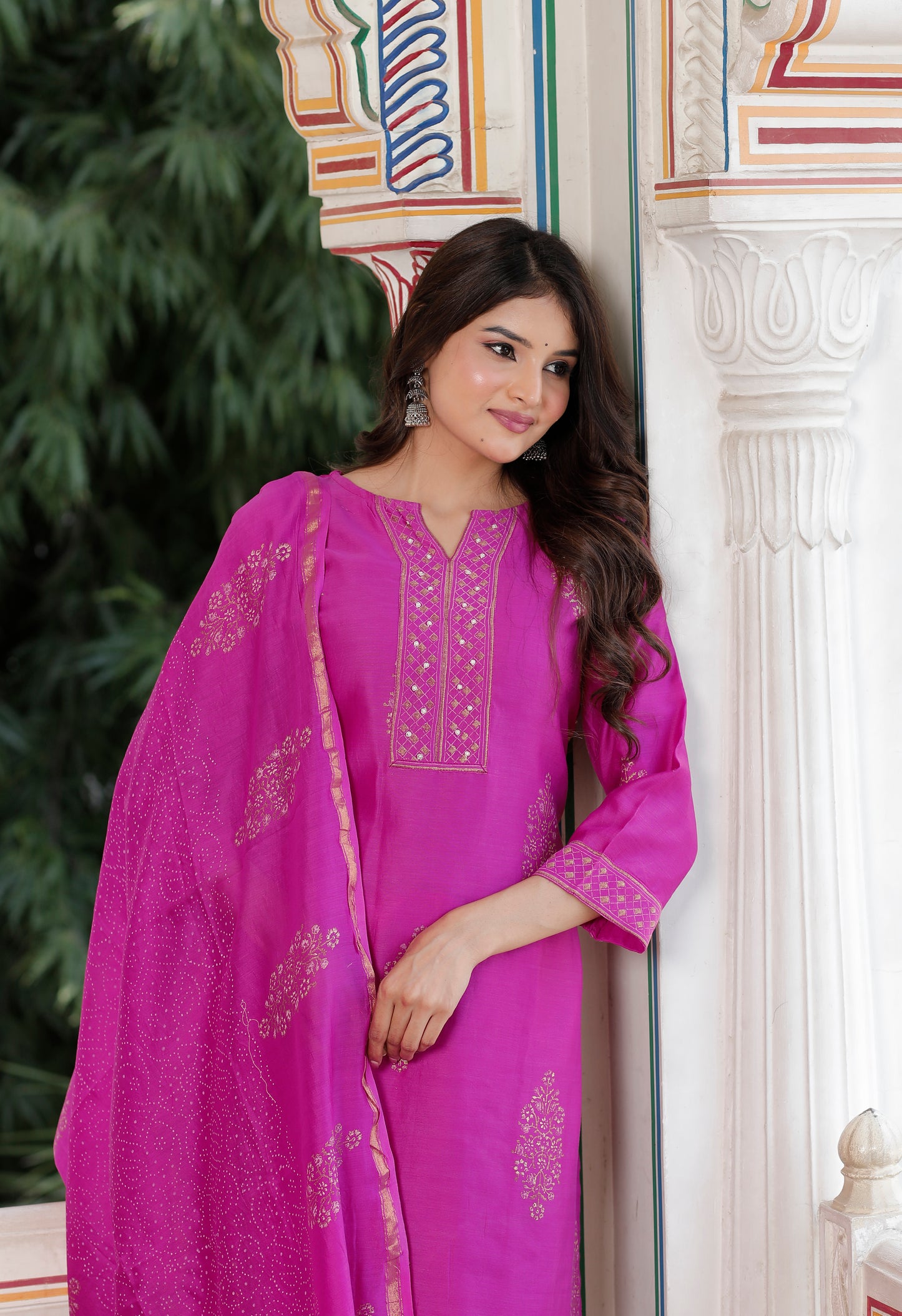 Royal Fuchsia Radiance – Pure Chanderi Silk Handcrafted 3-Piece Suit Set - An Ode to Timeless Indian Grandeur.