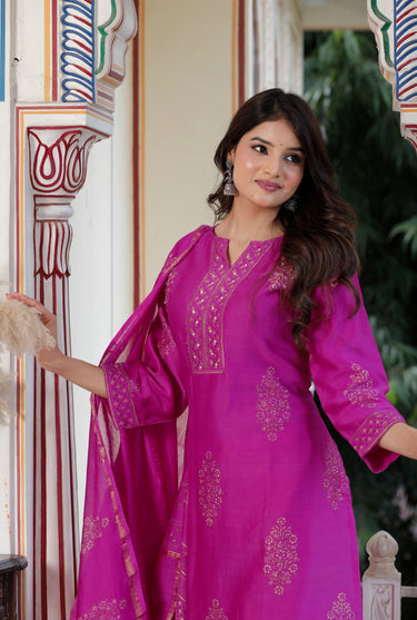 Royal Fuchsia Radiance – Pure Chanderi Silk Handcrafted 3-Piece Suit Set - An Ode to Timeless Indian Grandeur.