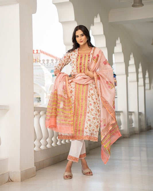 Cotton Silk - Handblock Print Subtle Motif Neckline Work Suit Set