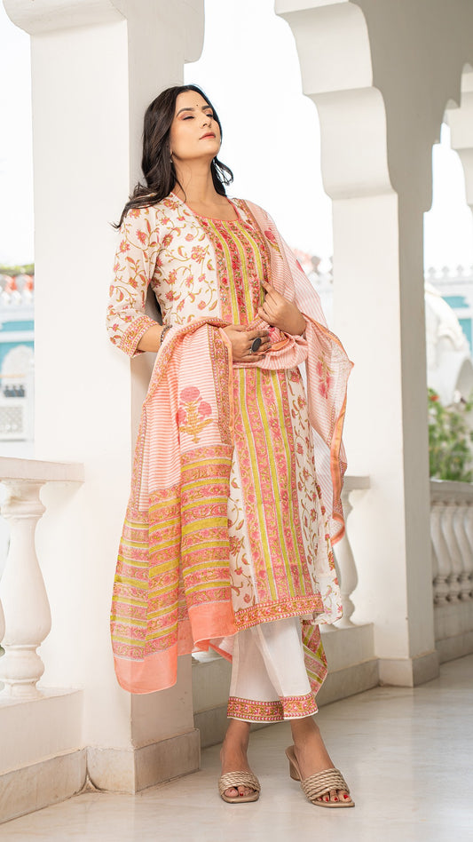 Cotton Silk - Handblock Print Subtle Motif Neckline Work Suit Set