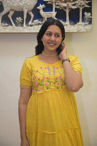 Indian Bloom Cotton Frock - Yellow