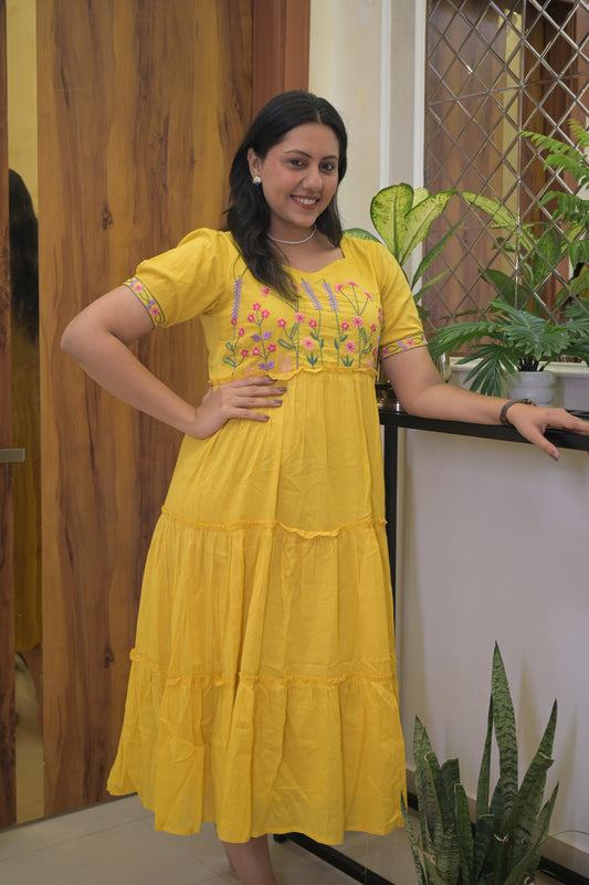 Indian Bloom Cotton Frock - Yellow