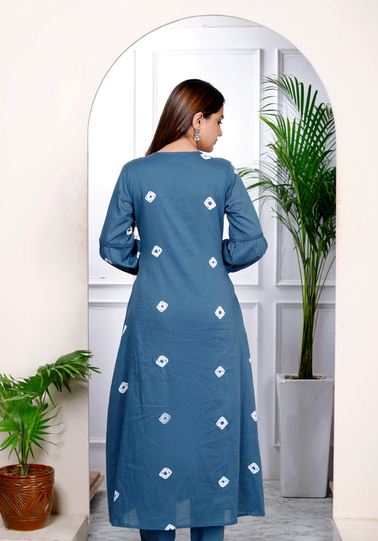 Bandhani Print Embroidered Blue Suit Set