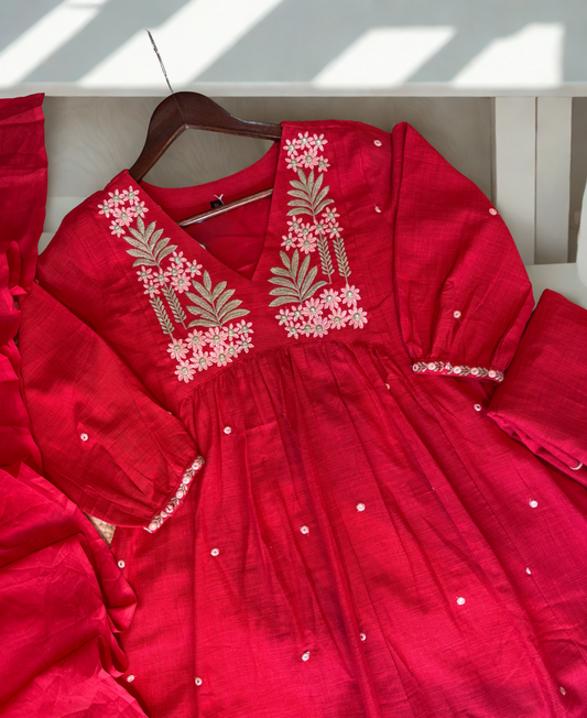 Pure Jute Cotton Fabric with Hand Embroidery Red