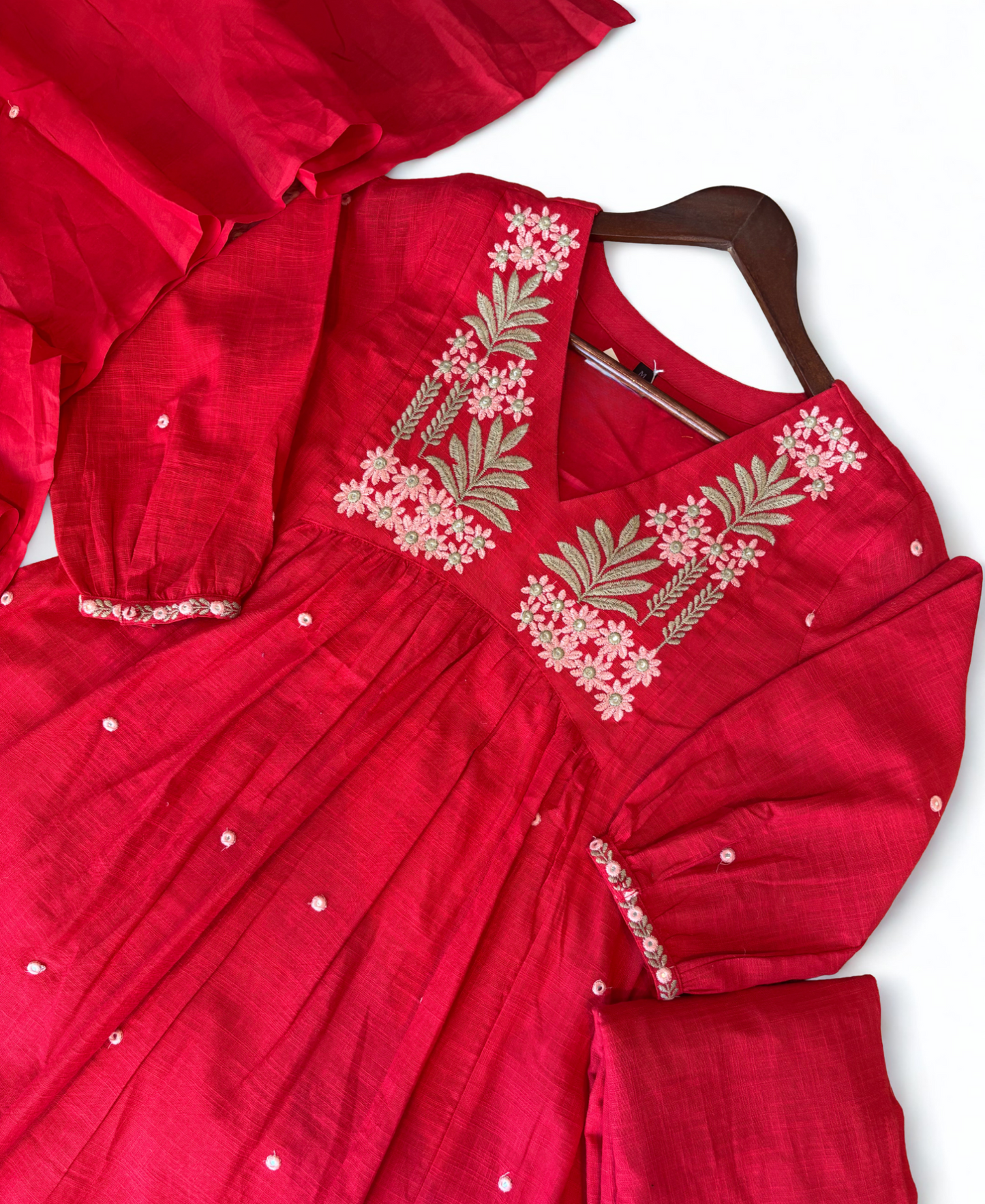 Pure Jute Cotton Fabric with Hand Embroidery Red