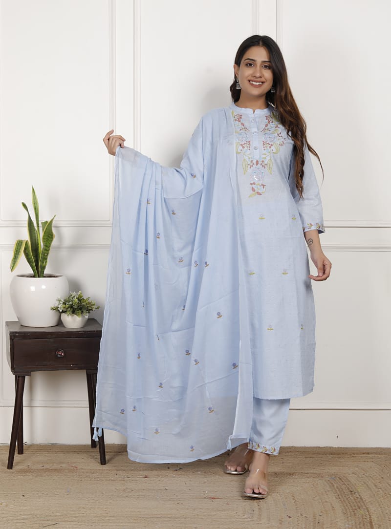 Embroidery Sky Cotton Suit Set