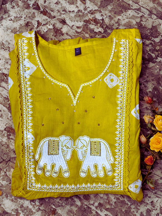 Bandhani Print Embroidered Yellow Suit Set