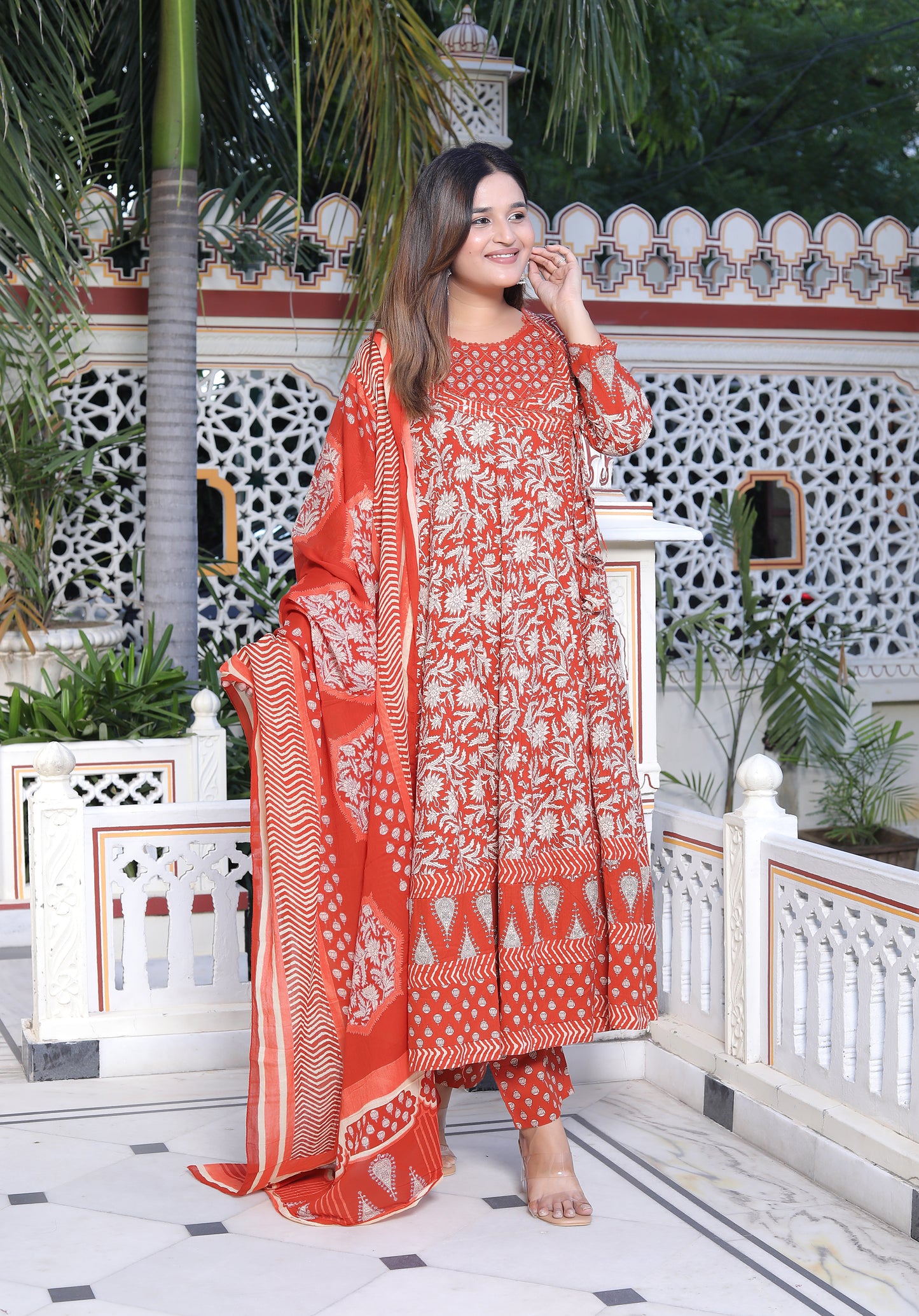 Gulnar Rust Angrakha Anarkali Suit Set