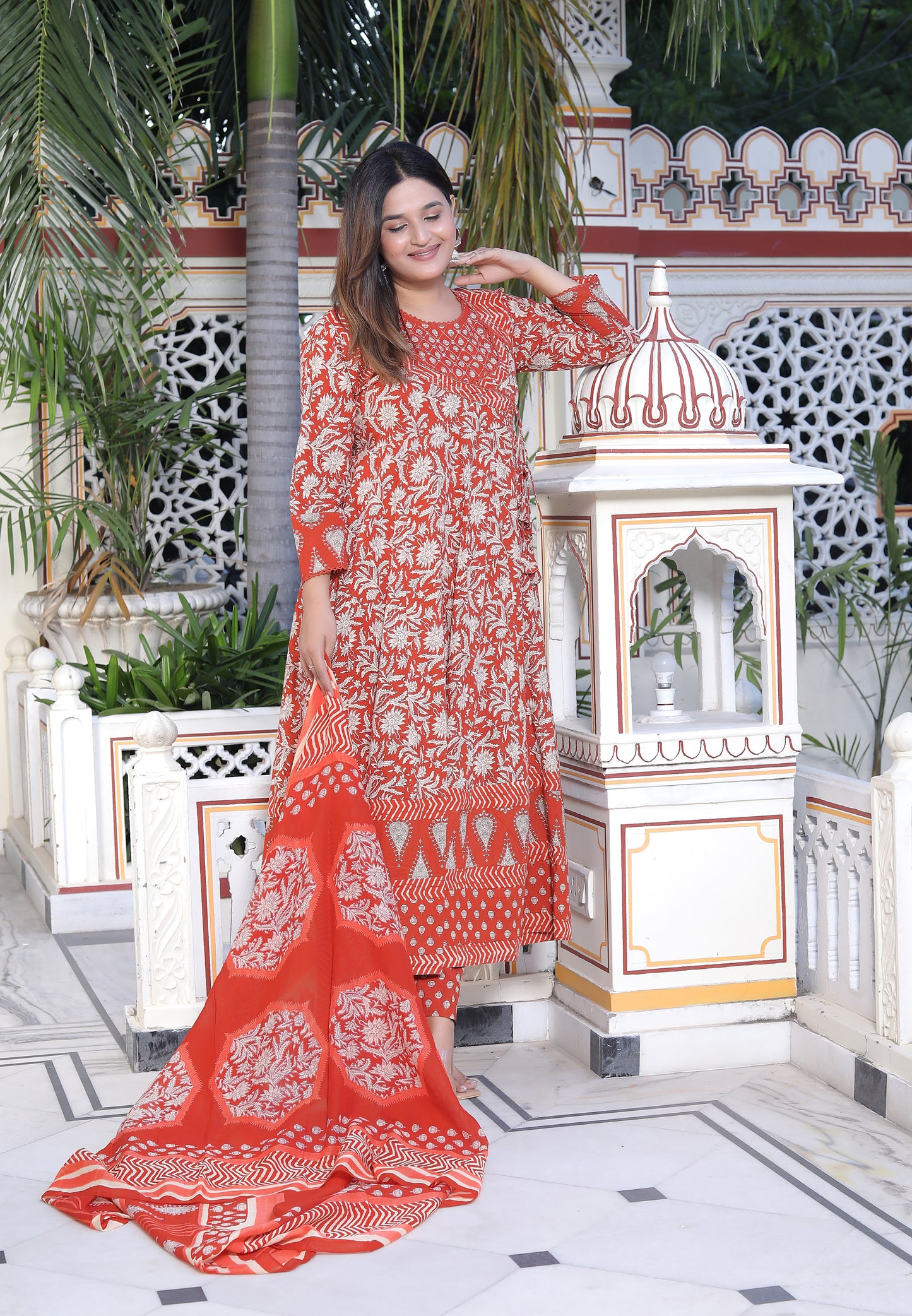Gulnar Rust Angrakha Anarkali Suit Set