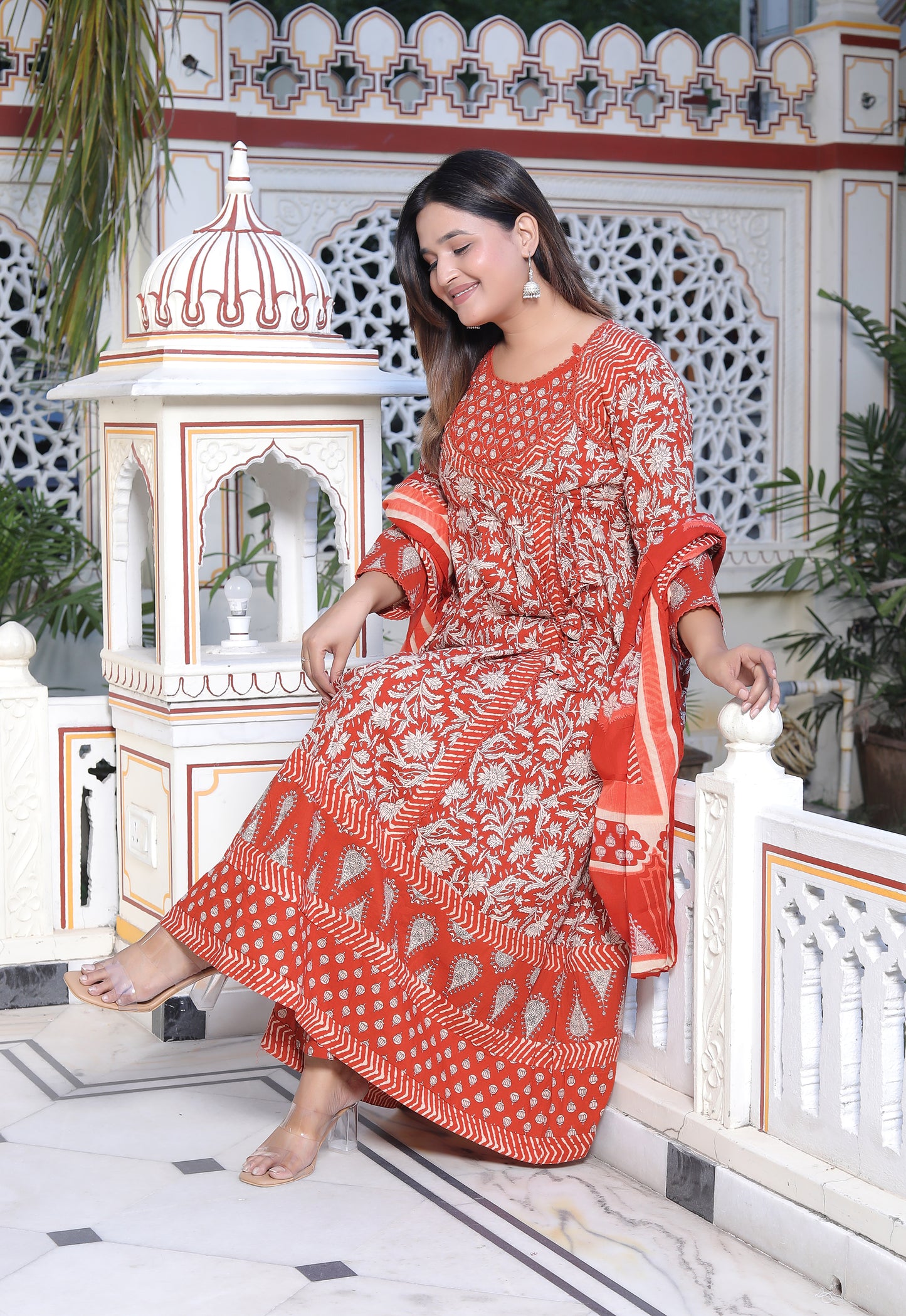 Gulnar Rust Angrakha Anarkali Suit Set