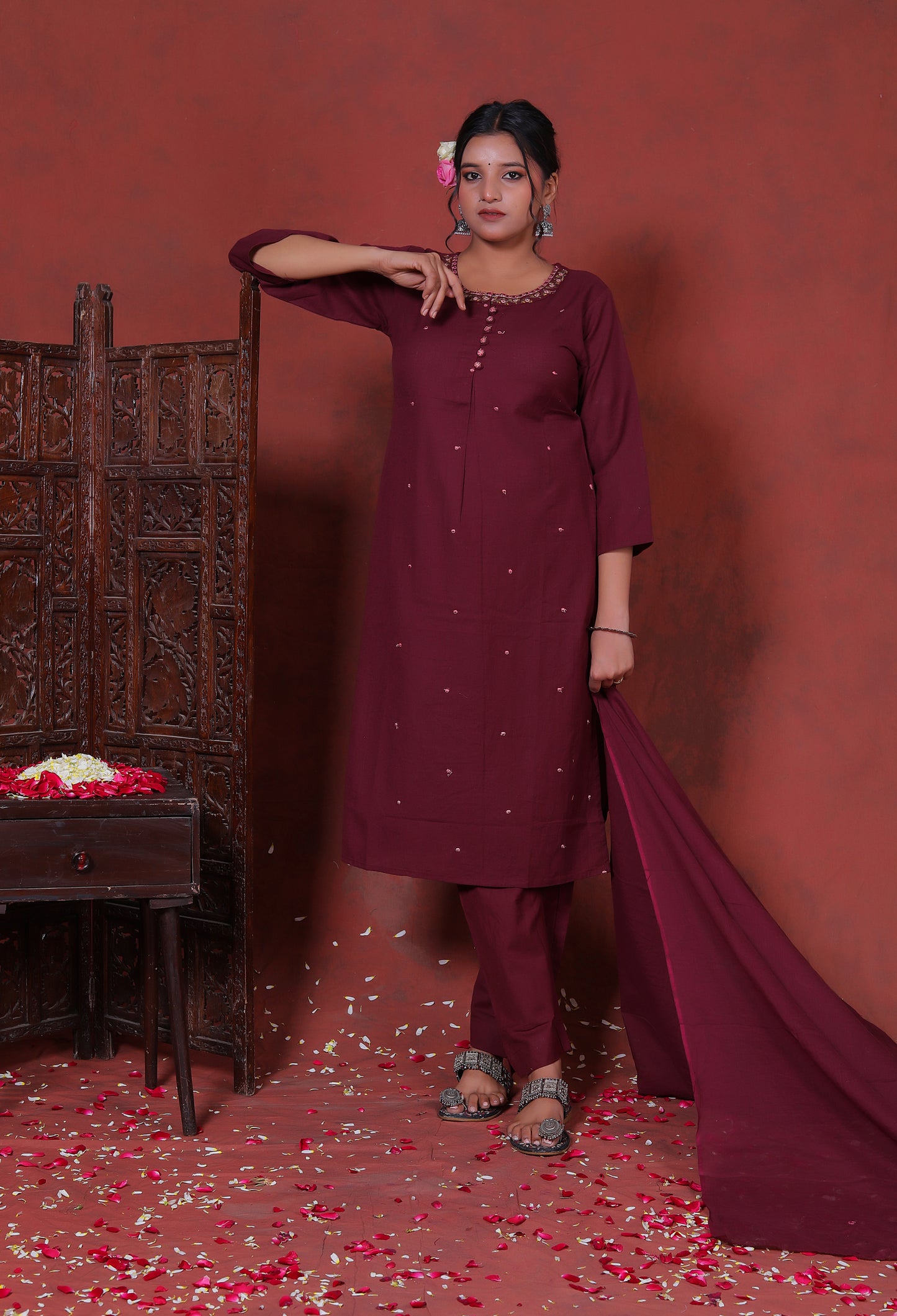 Zarqa wine Cotton Suit Set