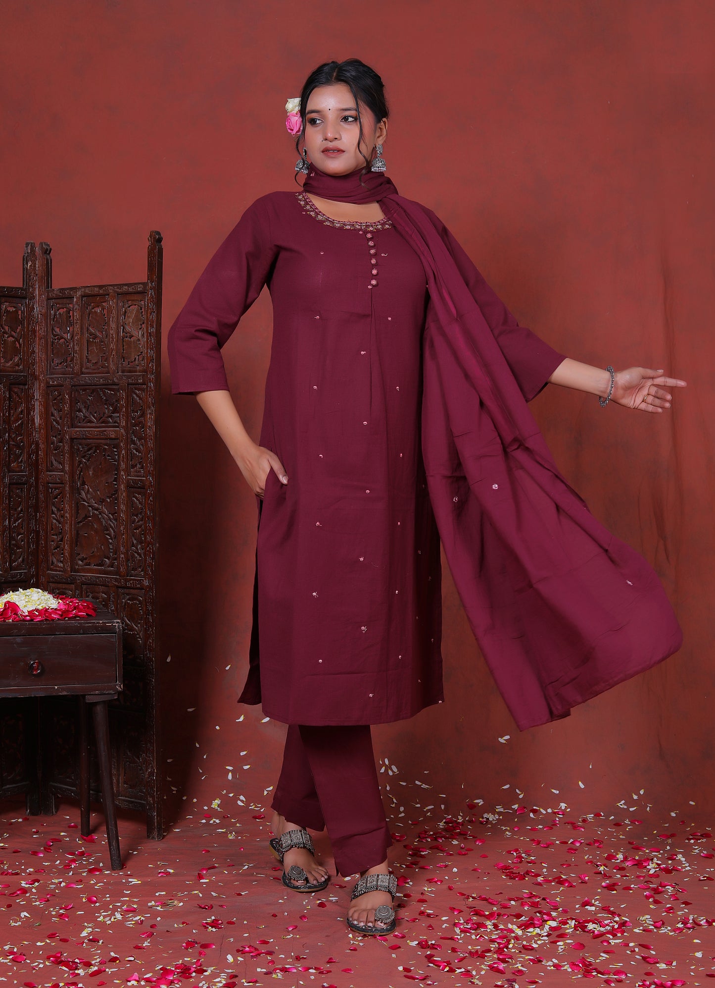 Zarqa wine Cotton Suit Set