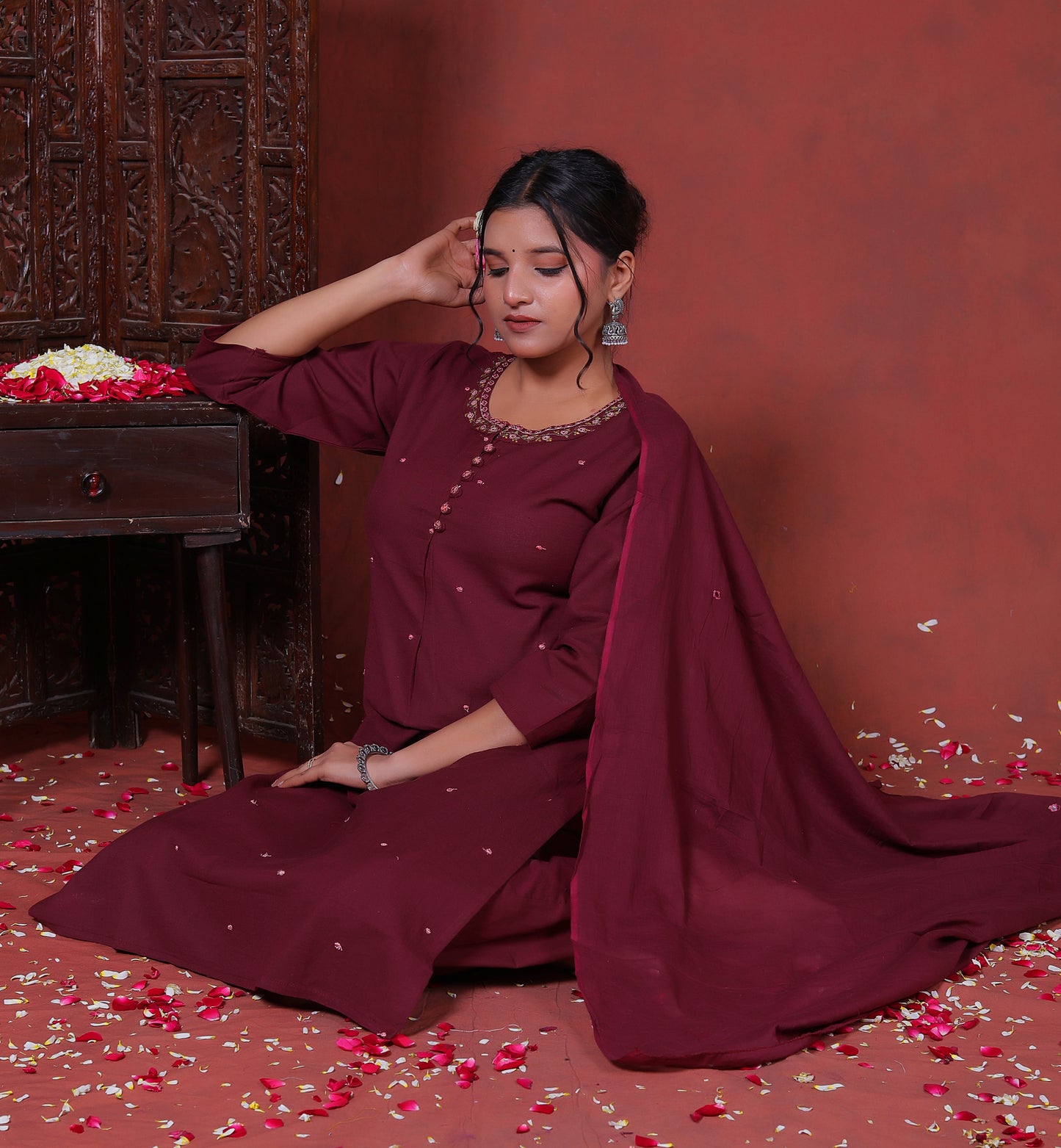 Zarqa wine Cotton Suit Set