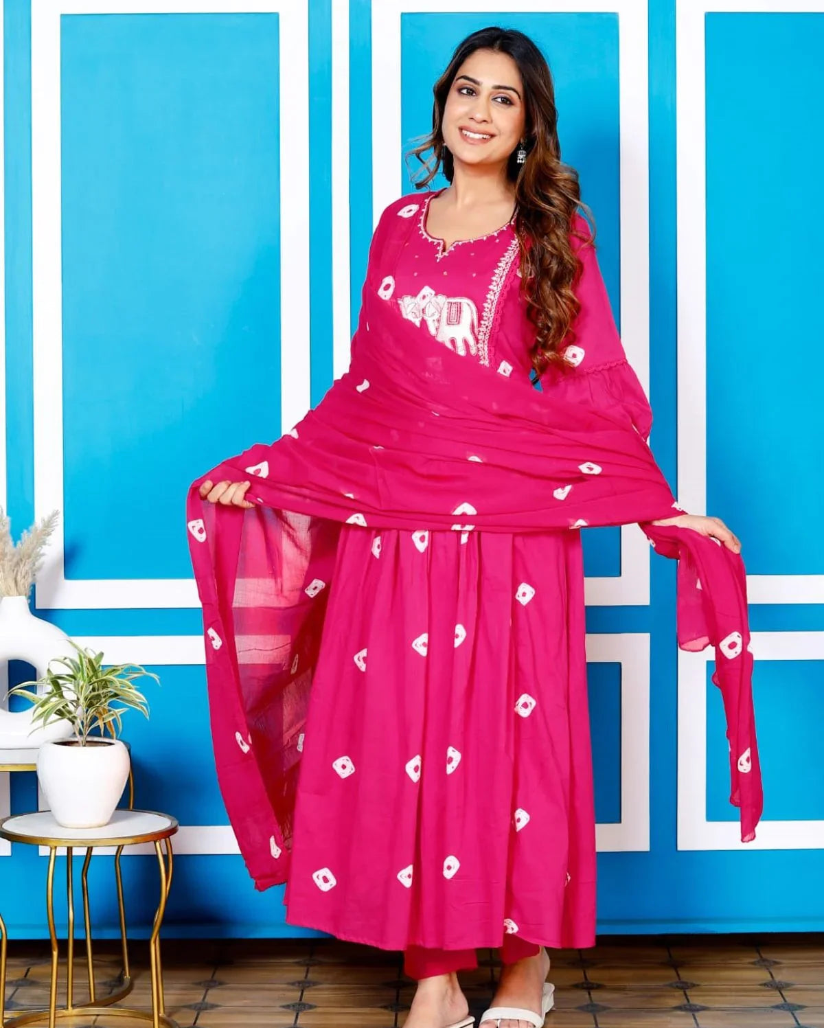 Bandhani Print Frock Suit - Hot Pink