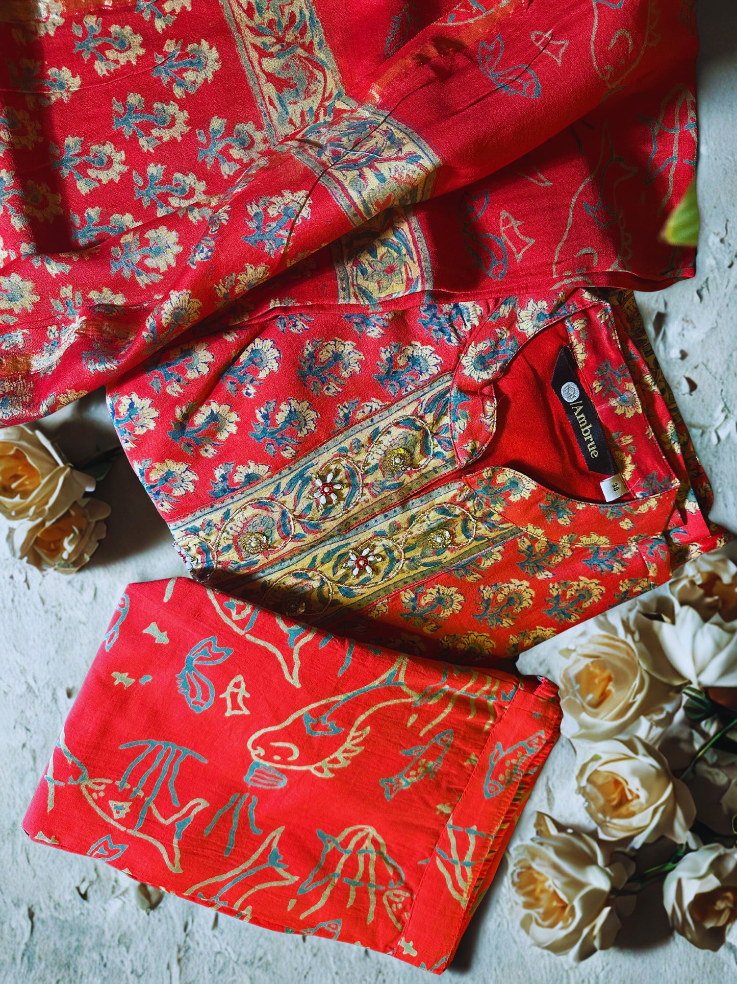 MAHESHWARI SILK EMBROIDERED RED SUIT SET