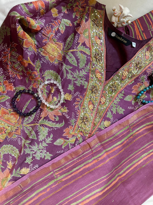 Maheswari Silk with Ajrakh Handprint Work (Purple)
