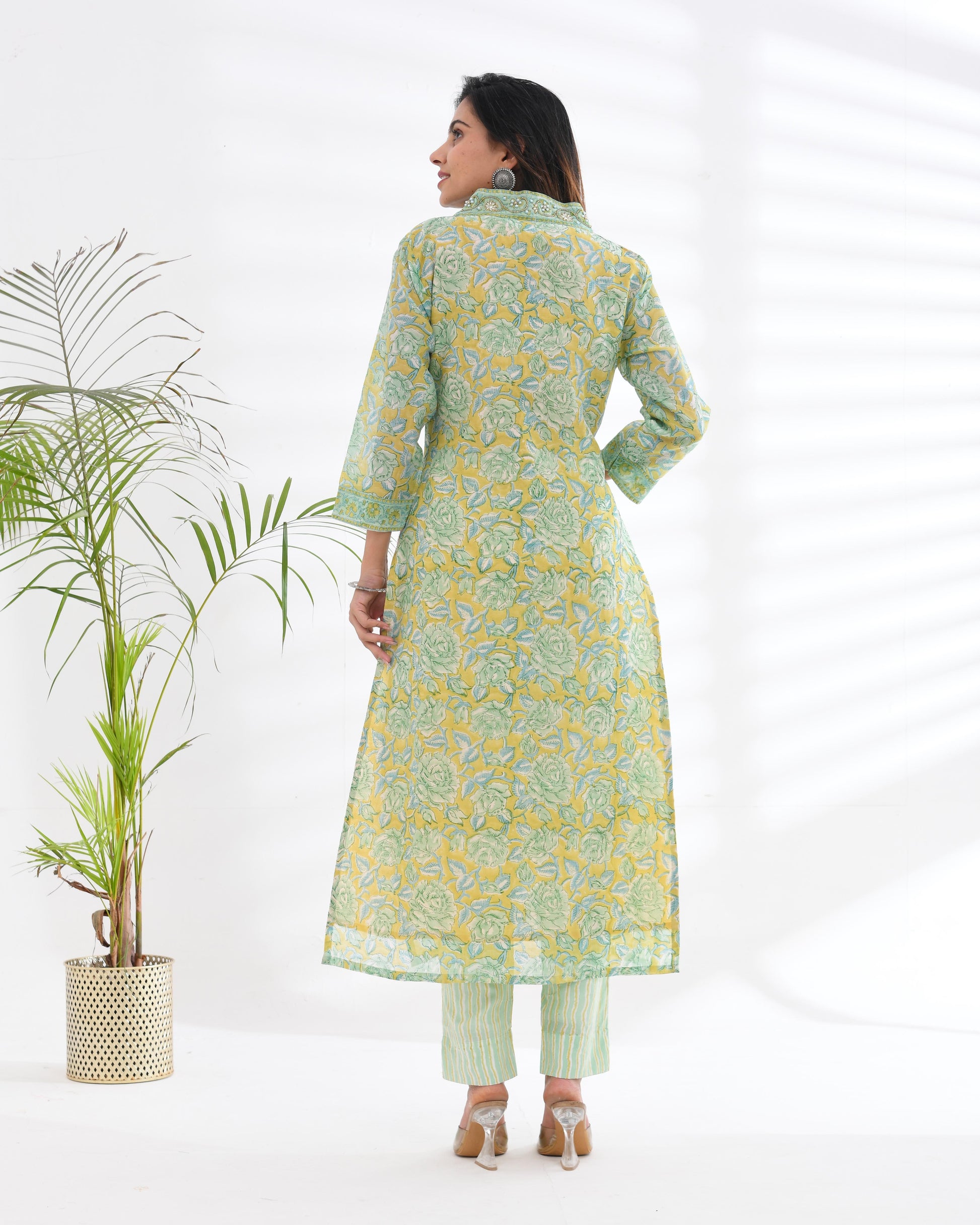 Chanderi Silk Lime Green Embroidered Suit Set