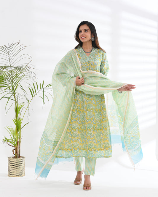 CHANDERI SILK LIME GREEN EMBROIDERED SUIT SET