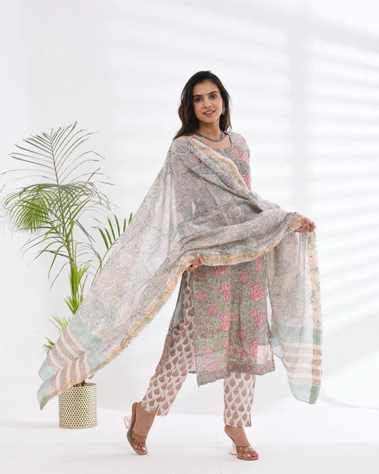 CHANDERI SILK GREEN AND PINK EMBROIDERED SUIT SET
