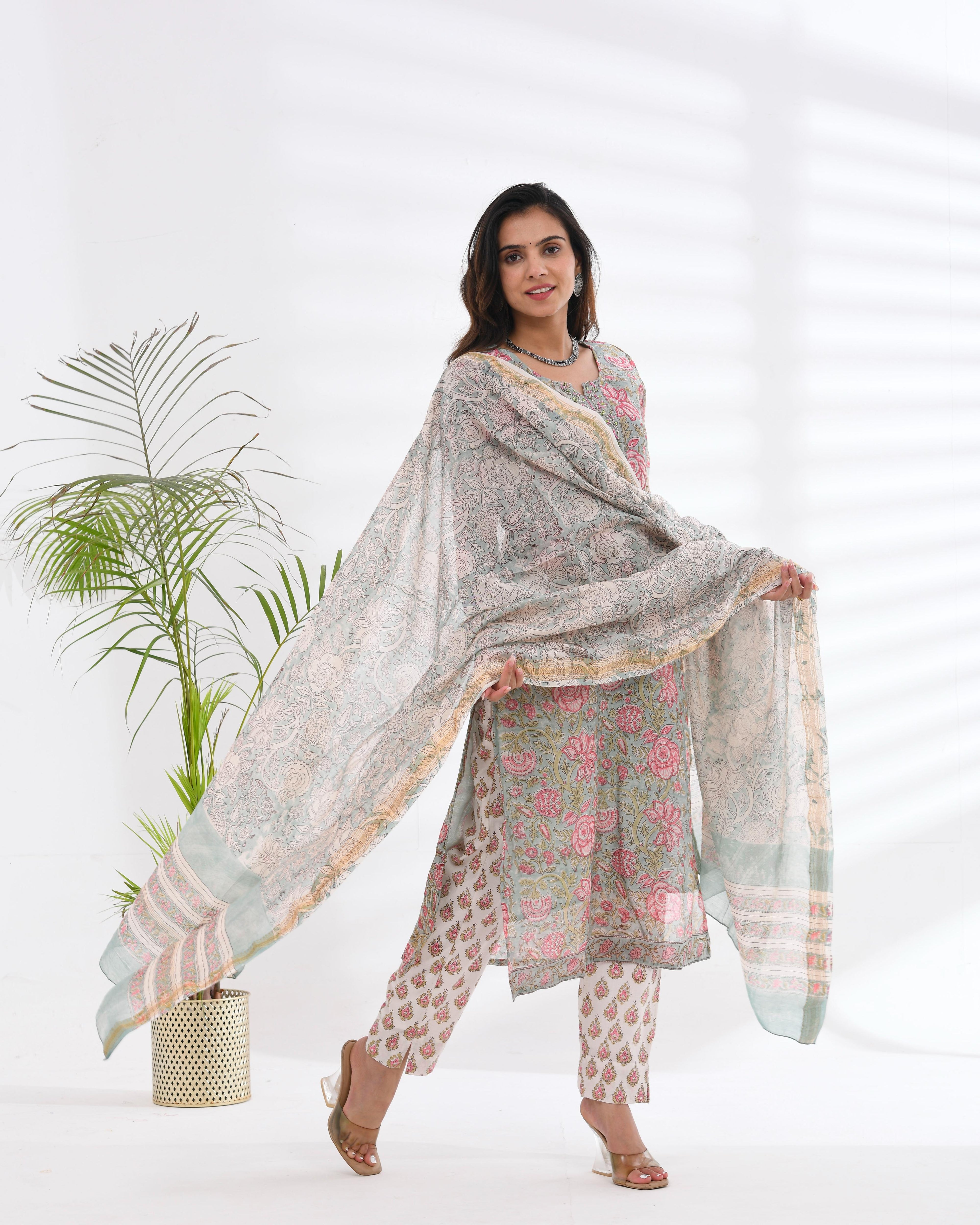 Chanderi Silk Green And Pink Embroidered Suit Set